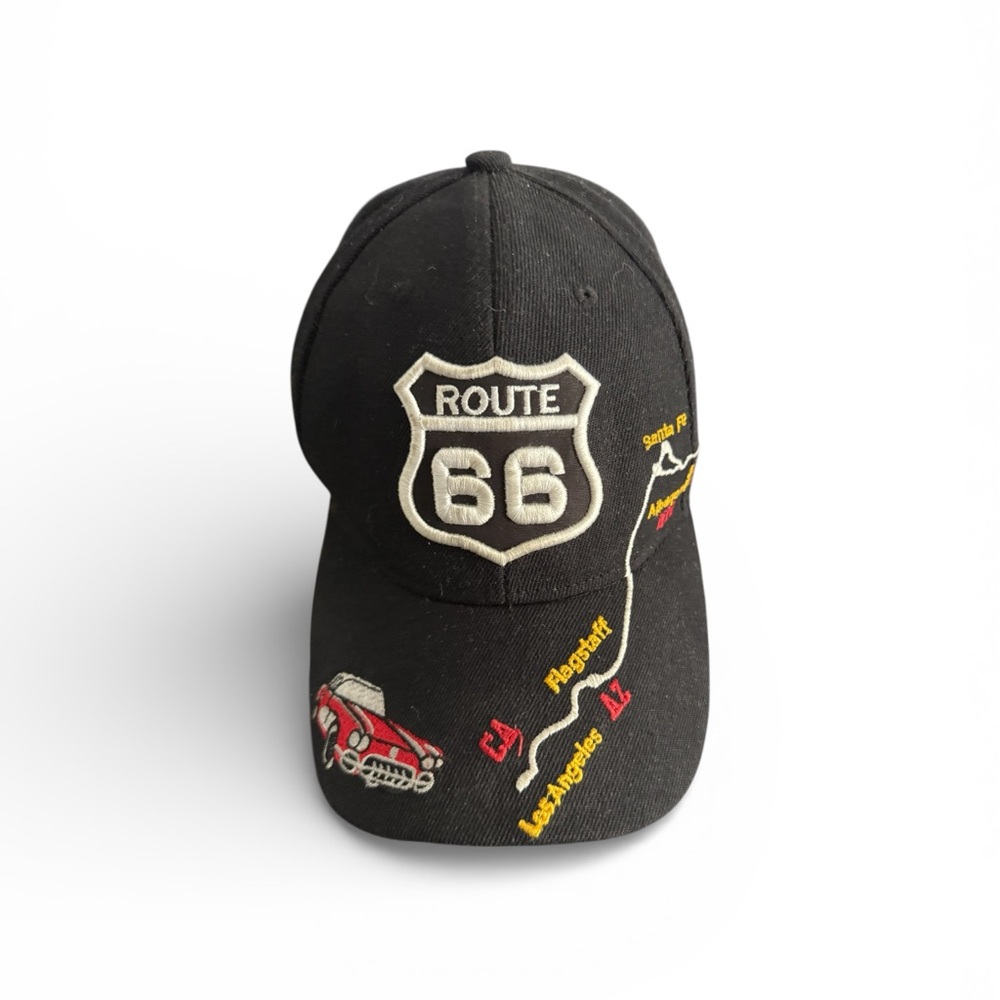 Route 66 embroidered Hat Black Classic Historic Highway map design Pre- owned